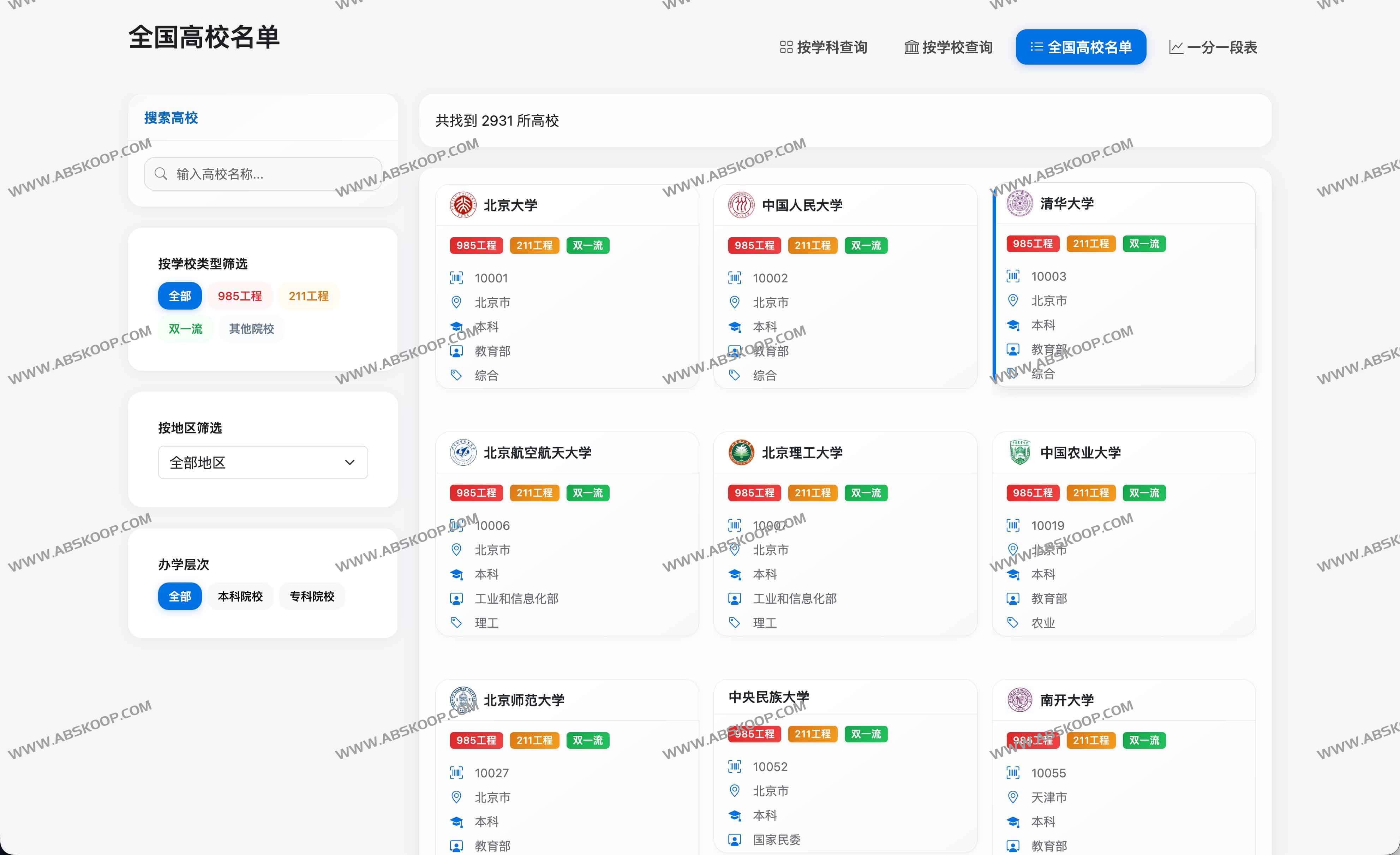 中国高校学科评估排名系统 – 按学科查询专业排名数据